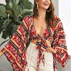 Ruffle Trim Bell Sleeve Plunging N